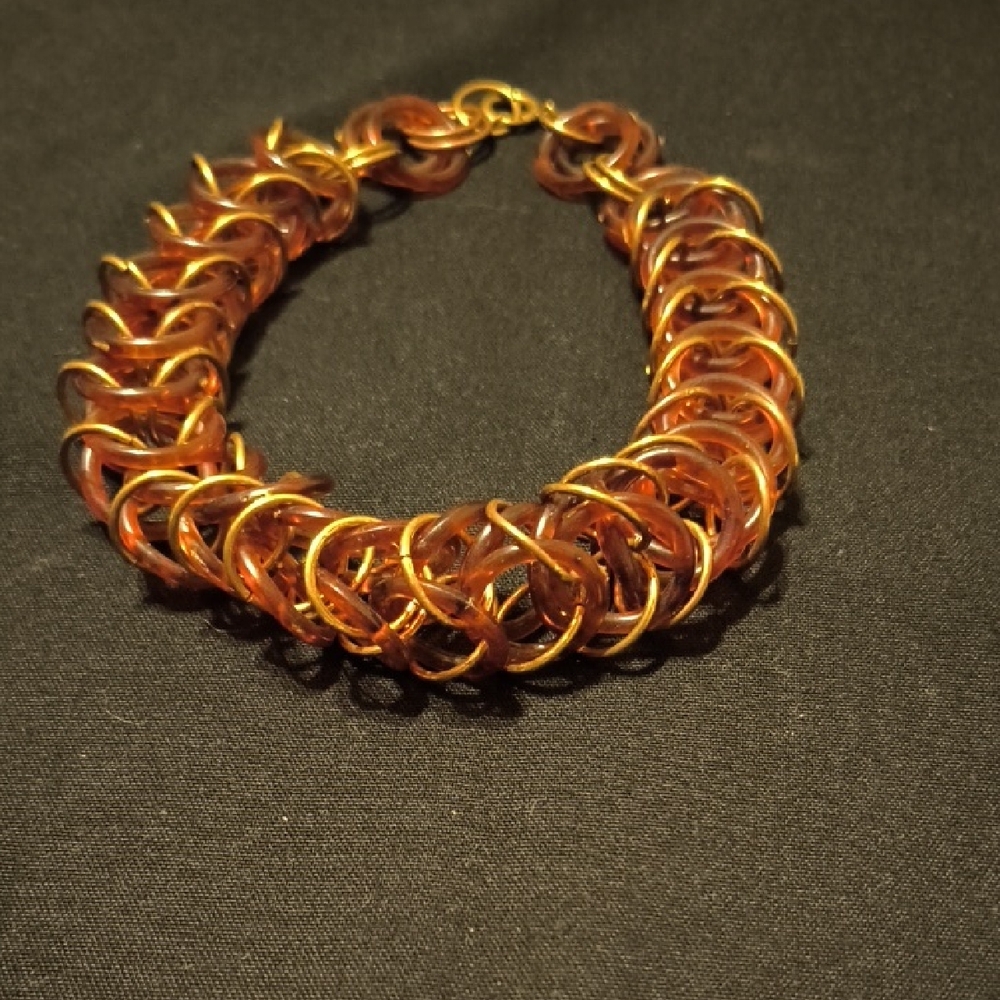Amber and Gold Tone Chainmaille Bracelet